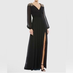 Mac Duggal Black Embellished Shoulder Long-Sleeve V-Neck Evening Dress Size 8